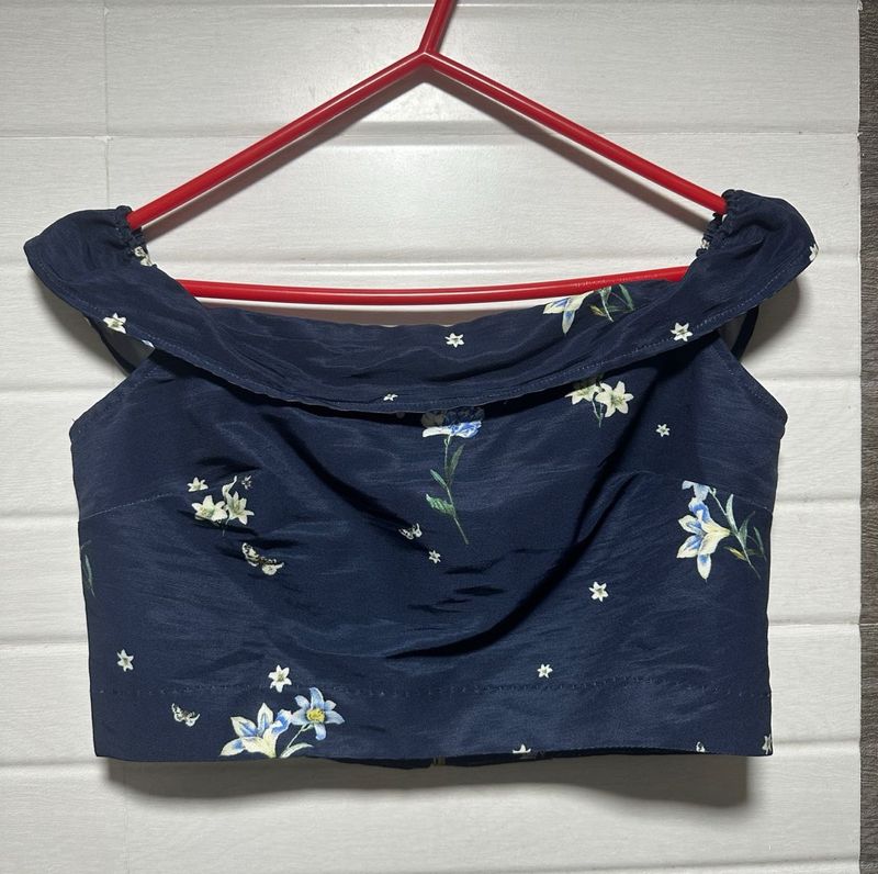 Navy Blue Off Shoulder Floral Crop Top