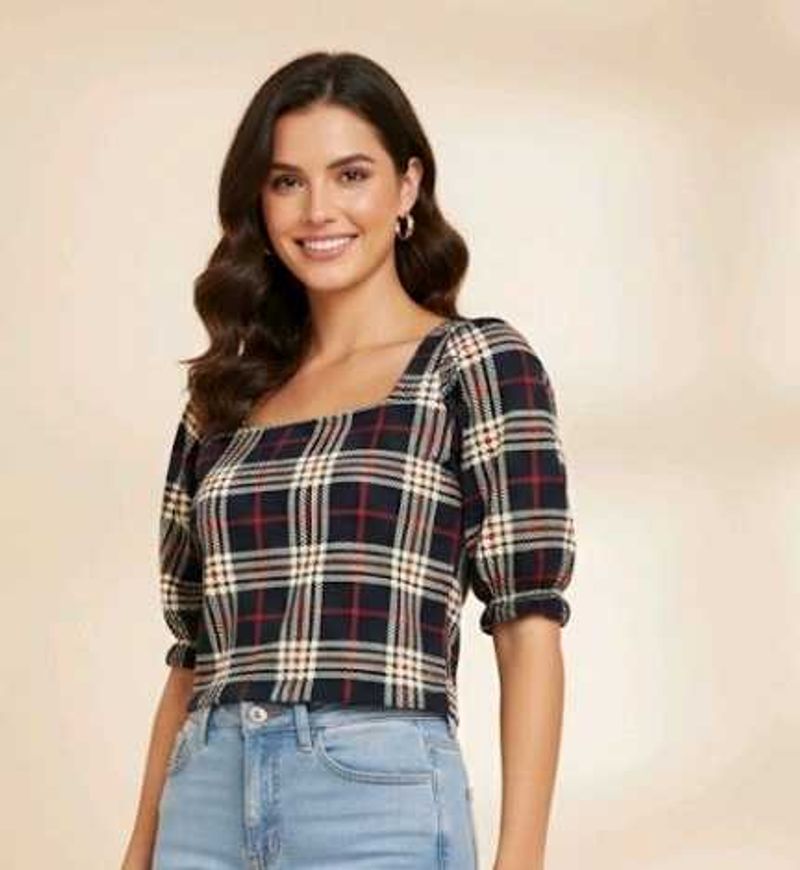 new women crop Plaid Puff Sleeve Top