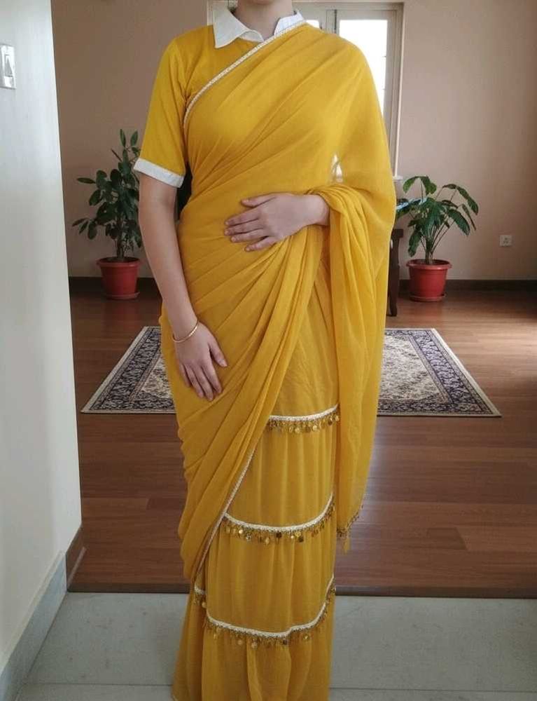 Readymade Retro Style Elegant Yellow Saree
