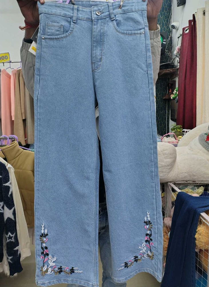 Embroidered Wide Leg Jeans