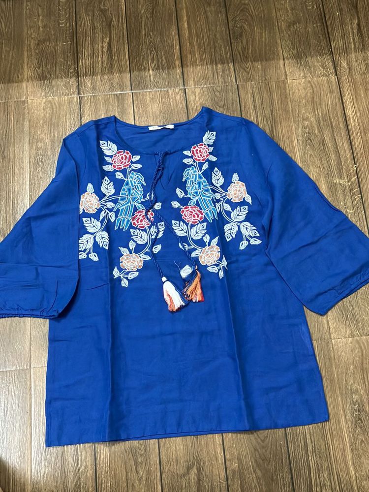 Blue Embroidery Linen Top