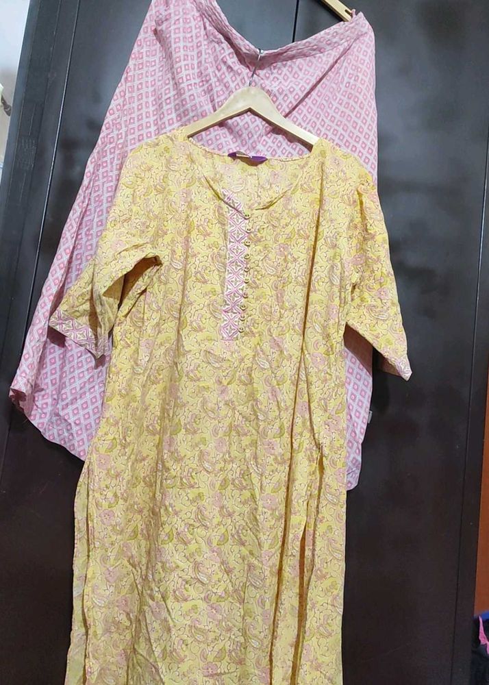 Light Yellow Printed Kurta Plazo Set For 44 Bust