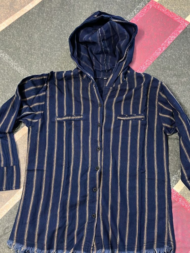 Navy Blue Striped Hoodie Style Shirt