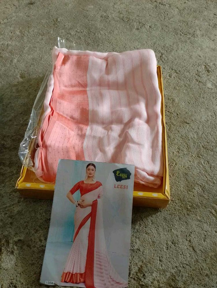 New Peach &amp; White Striped Enga Leesi Saree