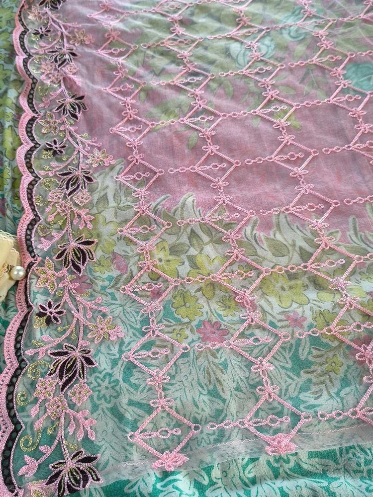 Pink Embroidered Net Dupatta With Brown Touch