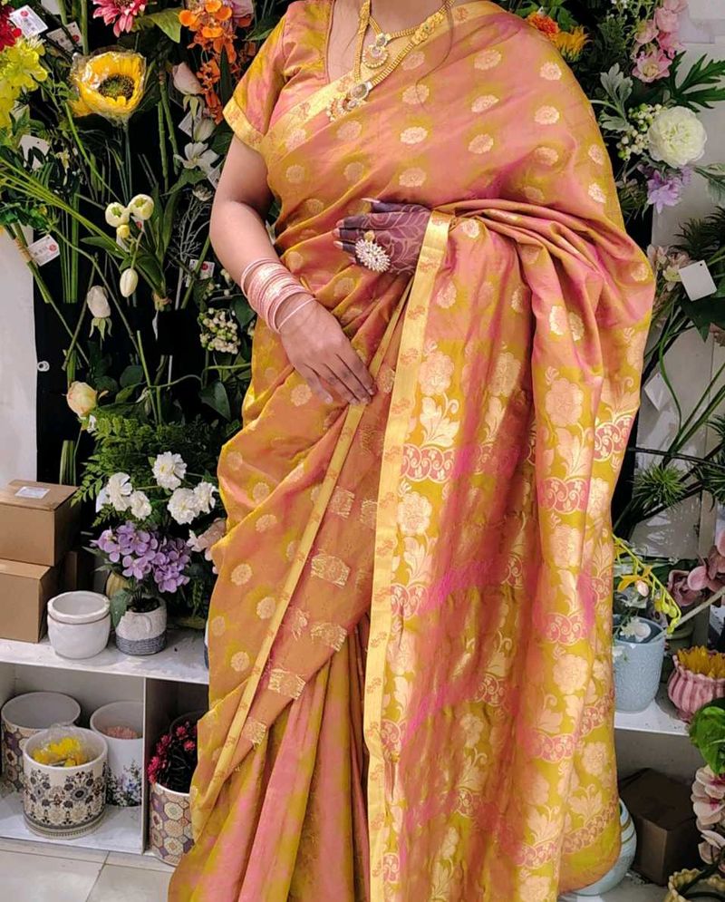 Elegant Peach &amp; Gold Saree