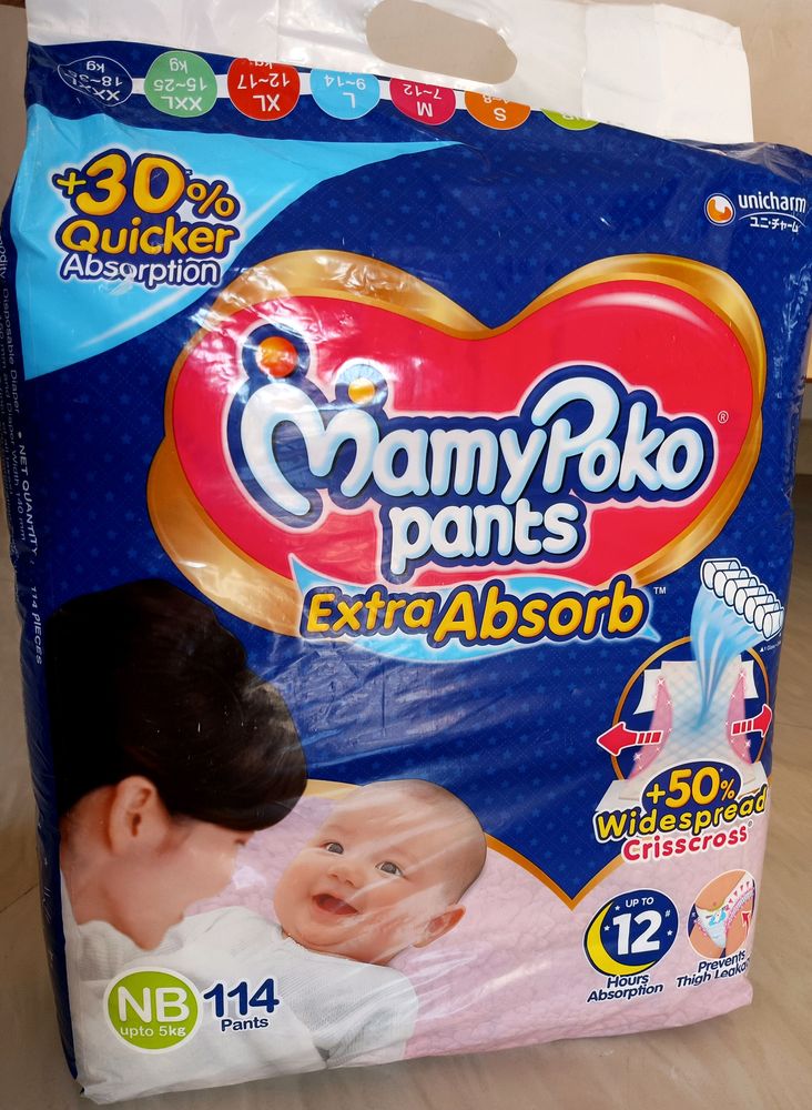 MamyPoko Pants Extra Absorb Baby Diapers, New Born/X-Small (NB/XS), 114 Count, Upto 5kg