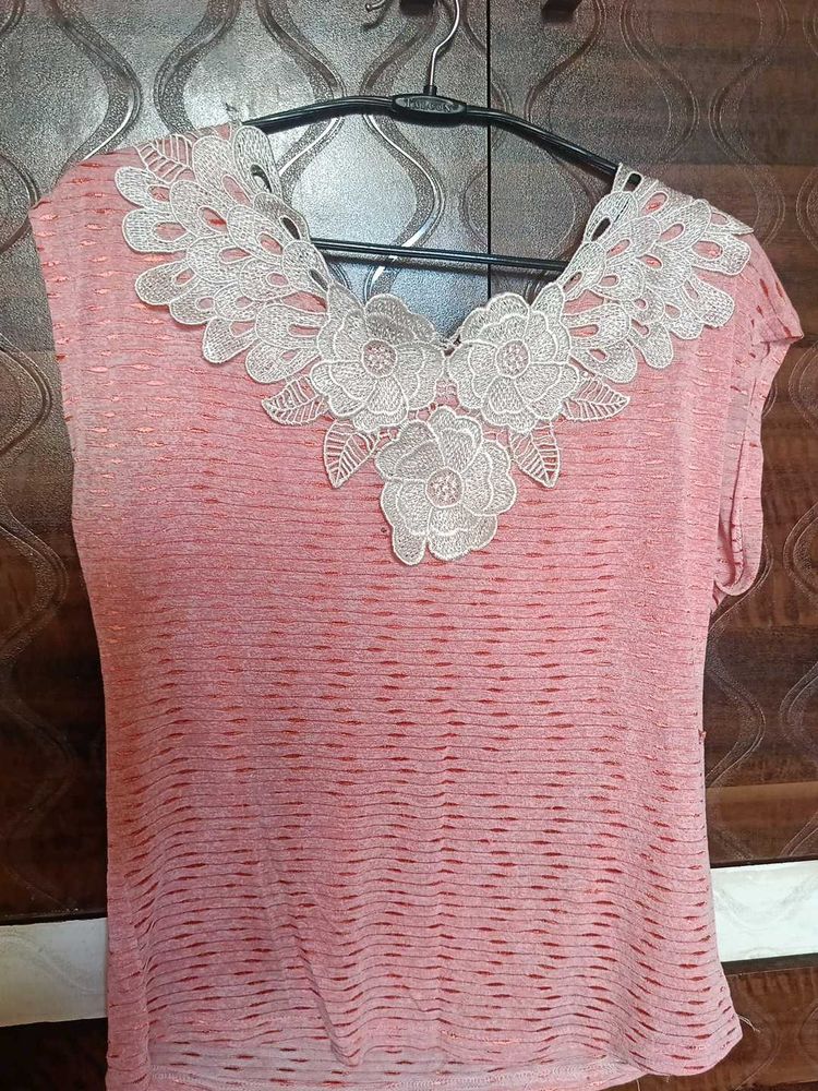 Coral Lace-Neck Top