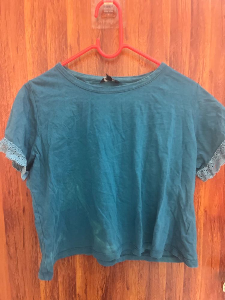 Blue T-shirt with Lace Detail