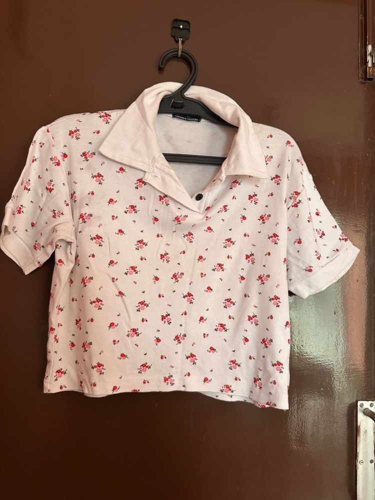White Floral Print Polo Crop Tshirt