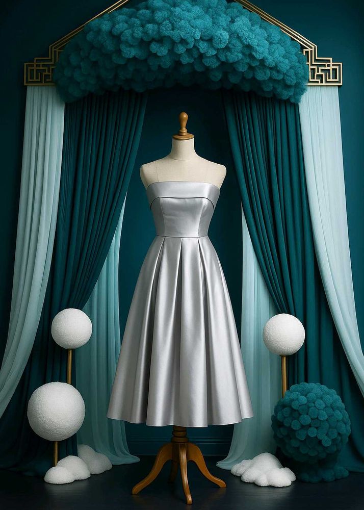Elegant Silver Strapless Midi Dress