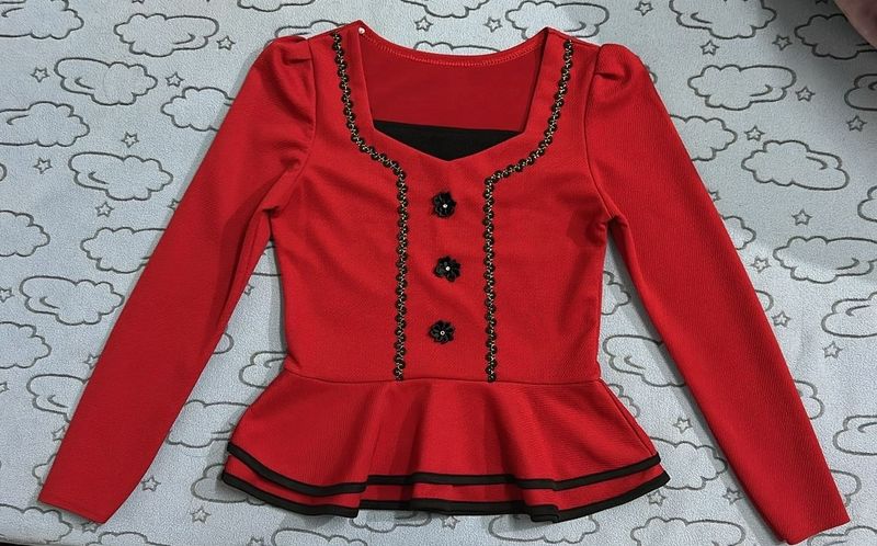 Red Peplum Long Sleeve Top