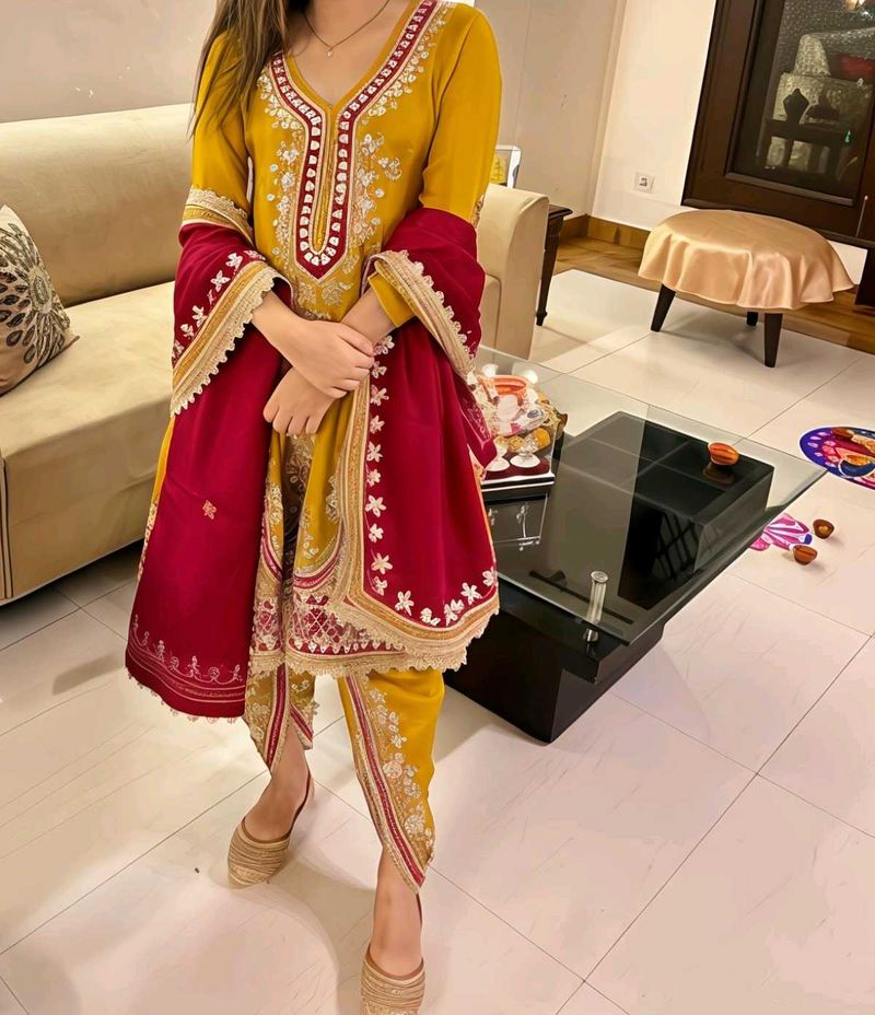 Festive embroidered Silk Ankarkali Dhoti Suit set