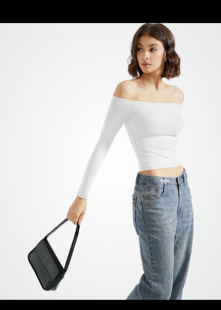 h&amp;m White Off-Shoulder Long Sleeve Top