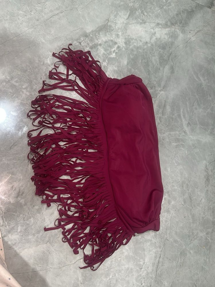 Maroon Fringed Swim Cover-Up