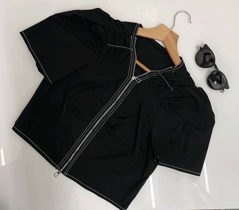 Black Zip-Front Puff Sleeve Top