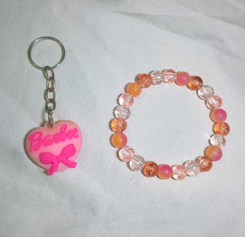 Barbie Keychain &amp; pink orange beaded Bracelet