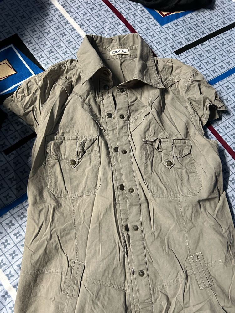 Khaki Button-Up Shirt dress