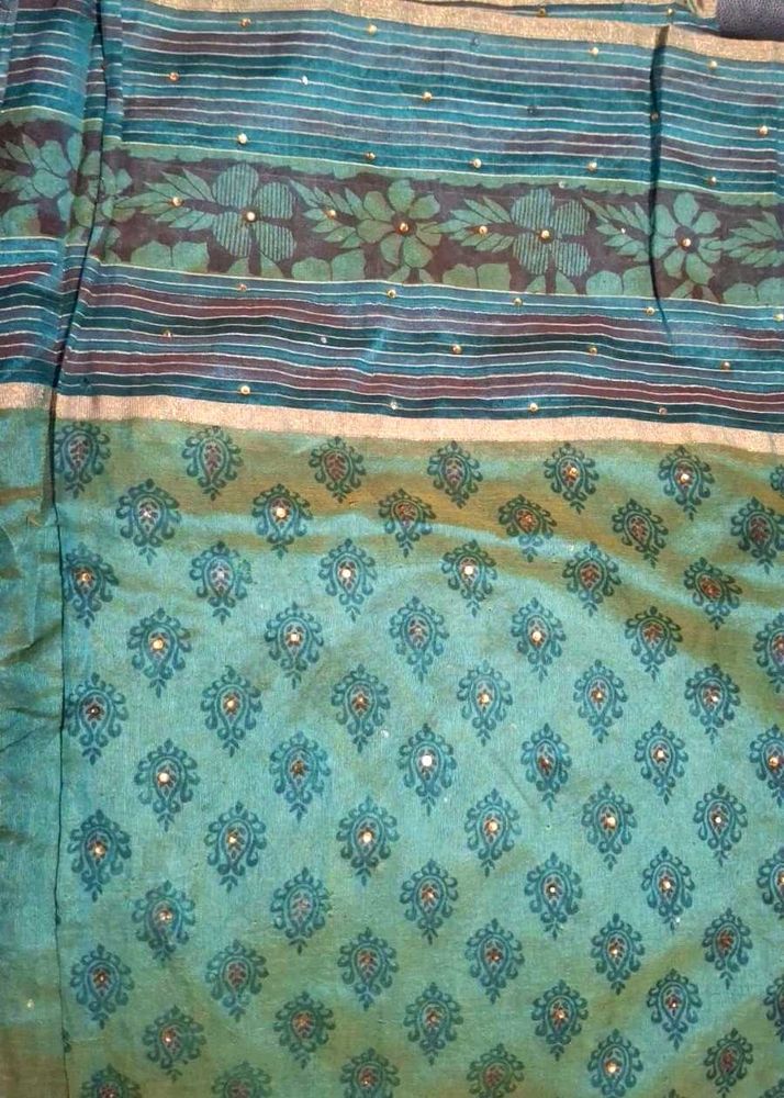 Green Printed Saree - Stone Work &amp; Golden Border