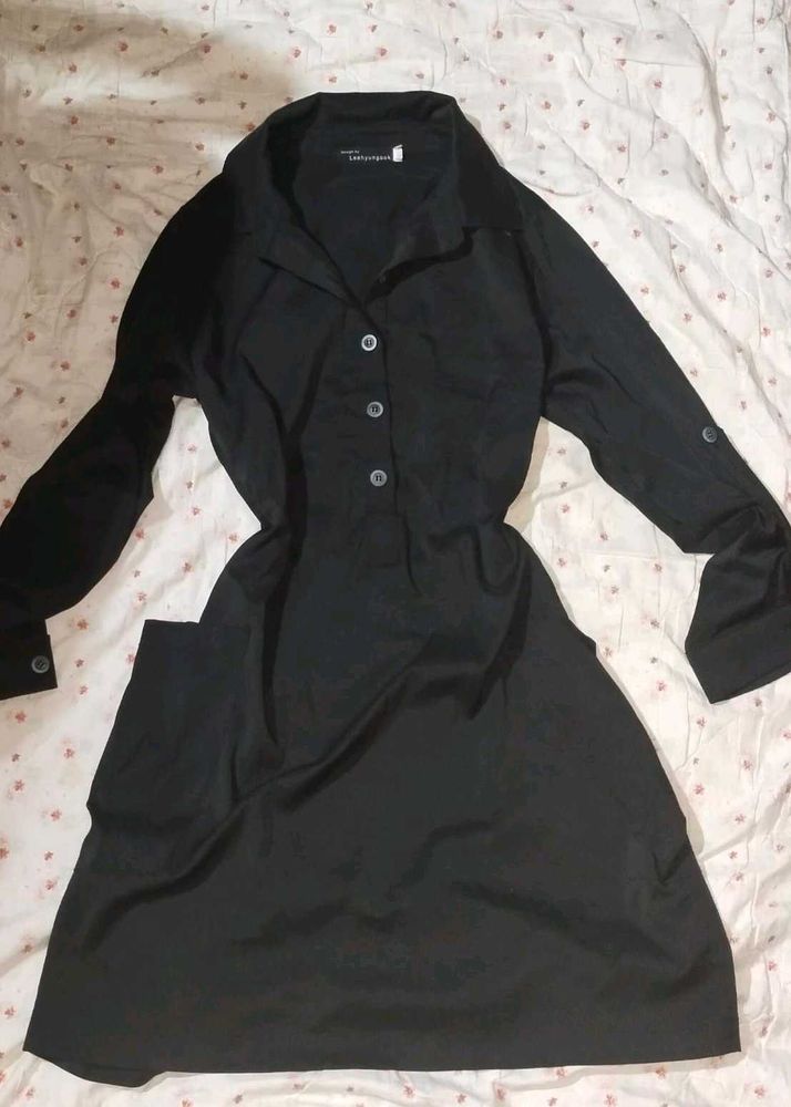 Black Dress with Roll Tab Sleeves