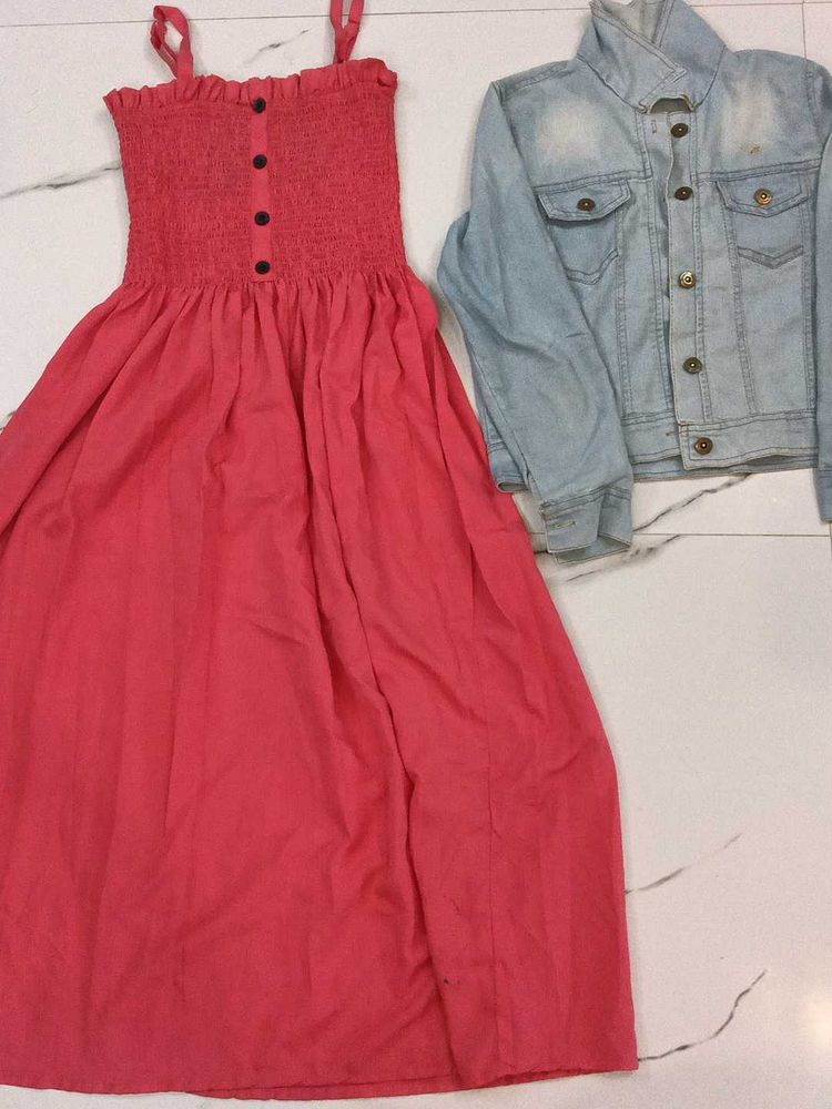 Coral Dress &amp; Denim Jacket Set