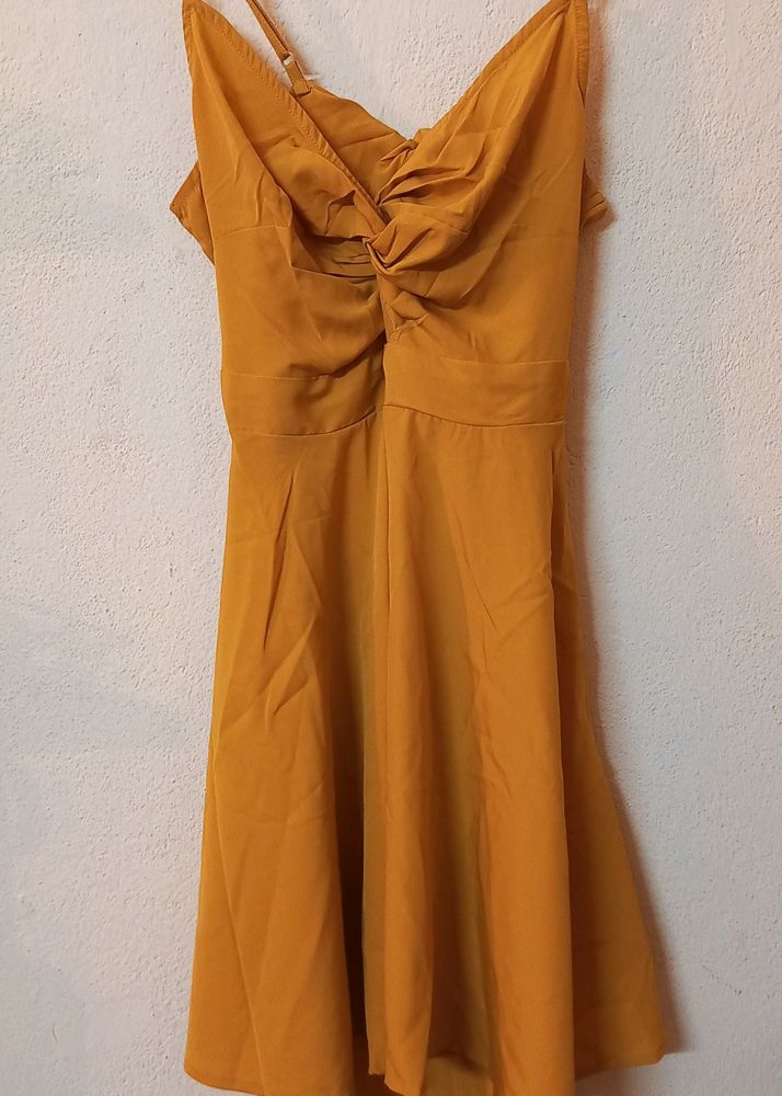 Today&#39;s Offer ₹150 Berrylush Women Solid Yellow Front Twist Knot Fit &amp; Flare Mini Dress For Women (Mustard Colour)