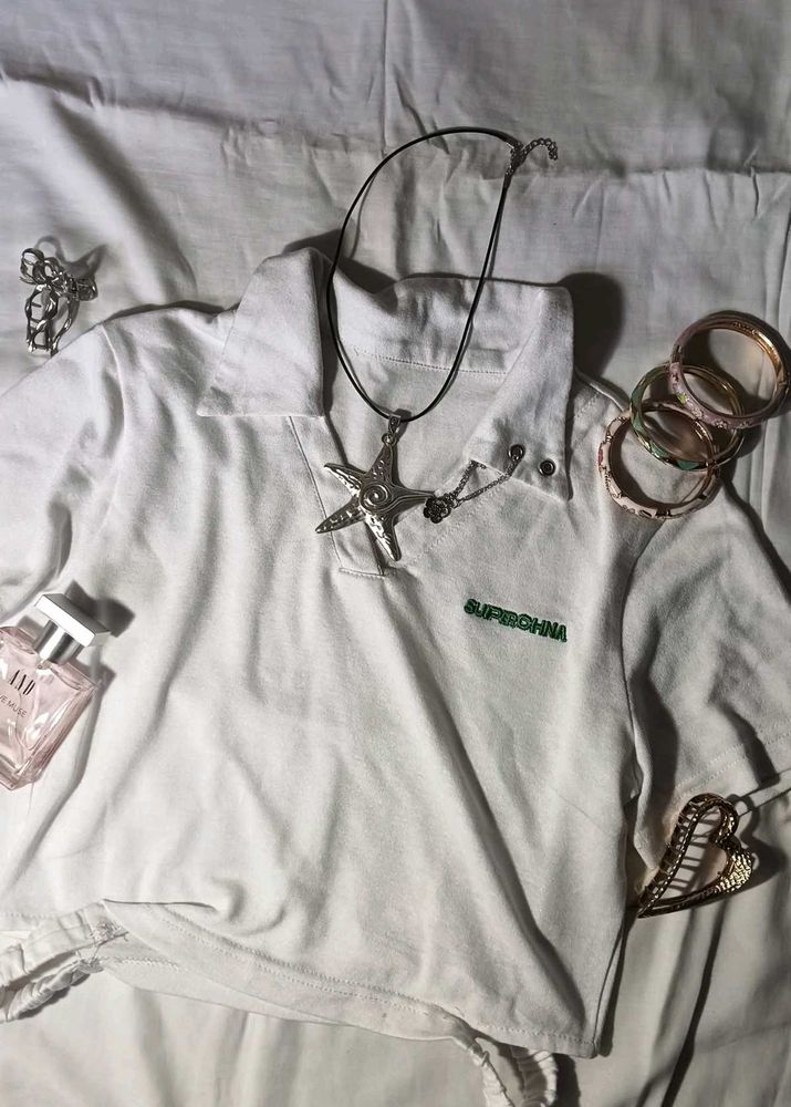 White Cropped Polo Top