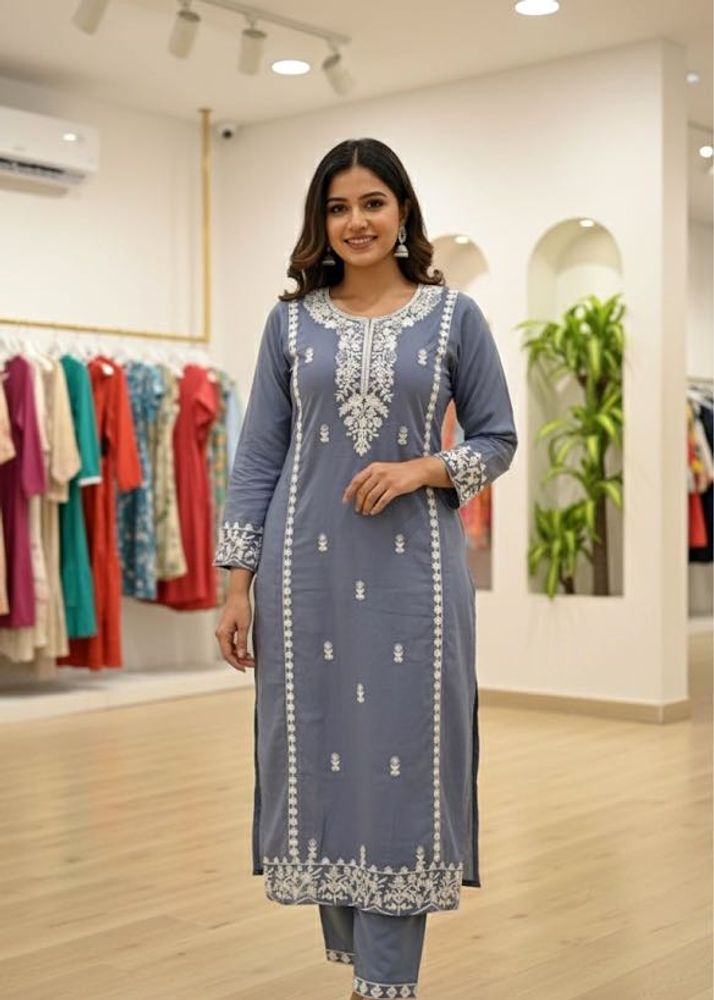 Elegant Gray Embroidered Kurti Set