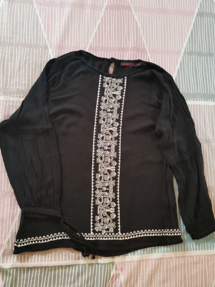 Boho Embroidered Black Blouse