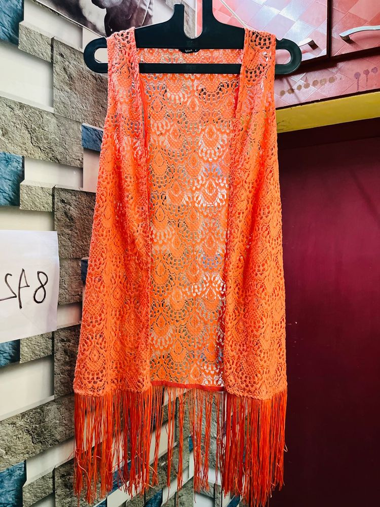 Orange Lace Fringe Vest