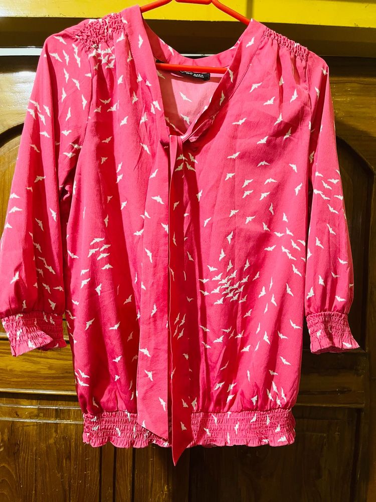 Pink Bird Print Tie Neck Top