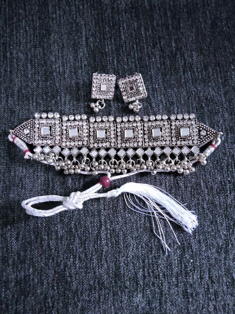 Silver Tone Statement Necklace &amp; Earrings