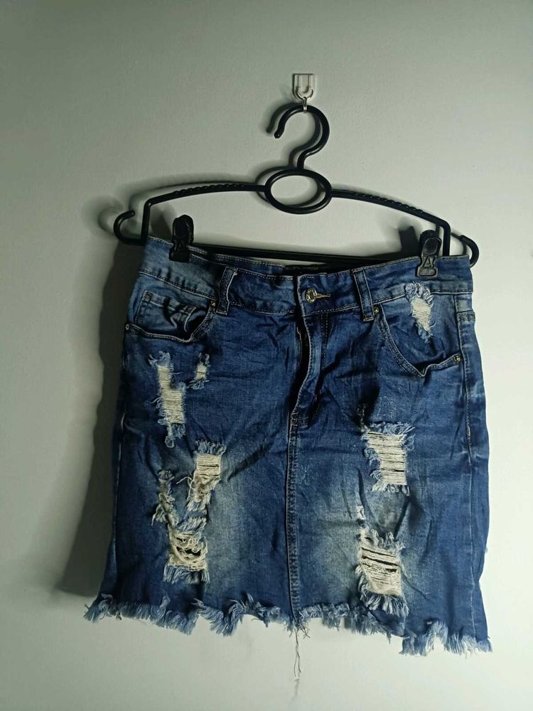 Ripped Denim Short Skirt