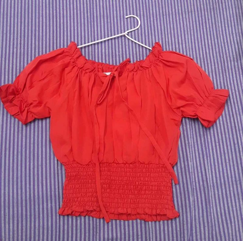 Red Smocked Peasant Top