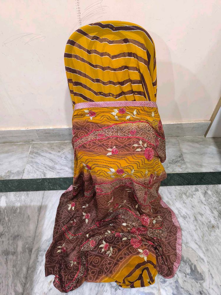 Brown &amp;Yellow Rajasthani Tie Dye Heavywork Saree