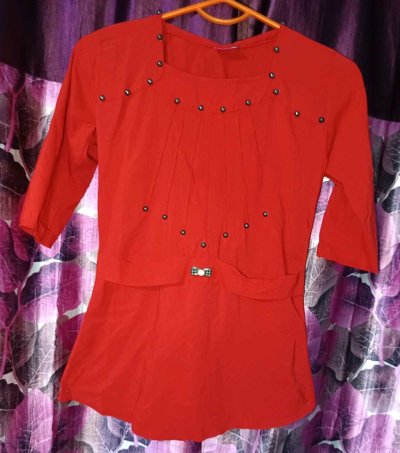 Casual Regular Sleeves Solid Women Red Top