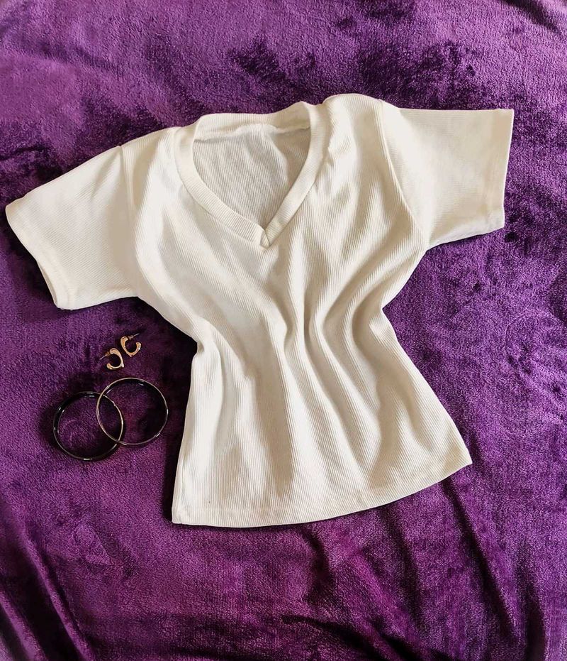 White Ribbed V-Neck T- Shirt