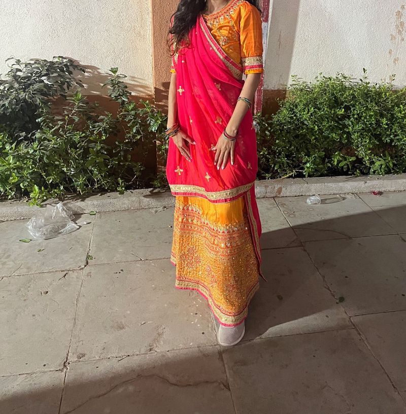 Orange Full Embroidery Round Mirror Lahenga Set