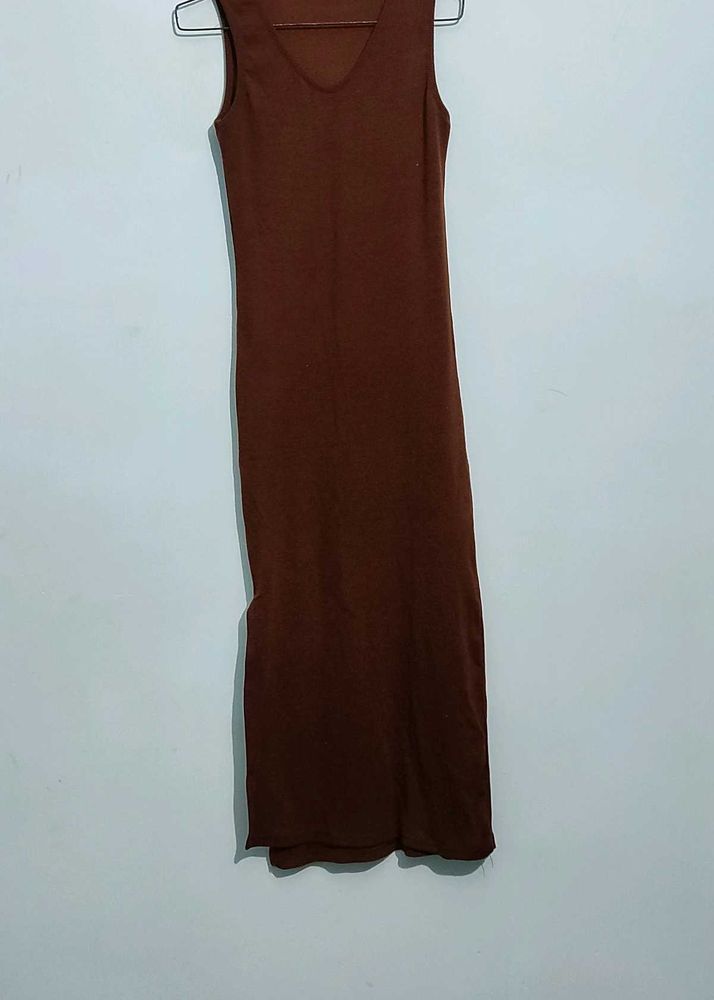 Brown Ribbed Bodycon With Slit