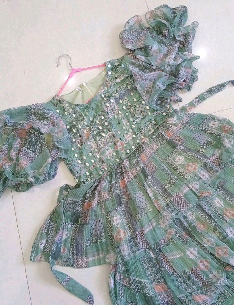 Green Floral Ruffle Sleeve Dress
