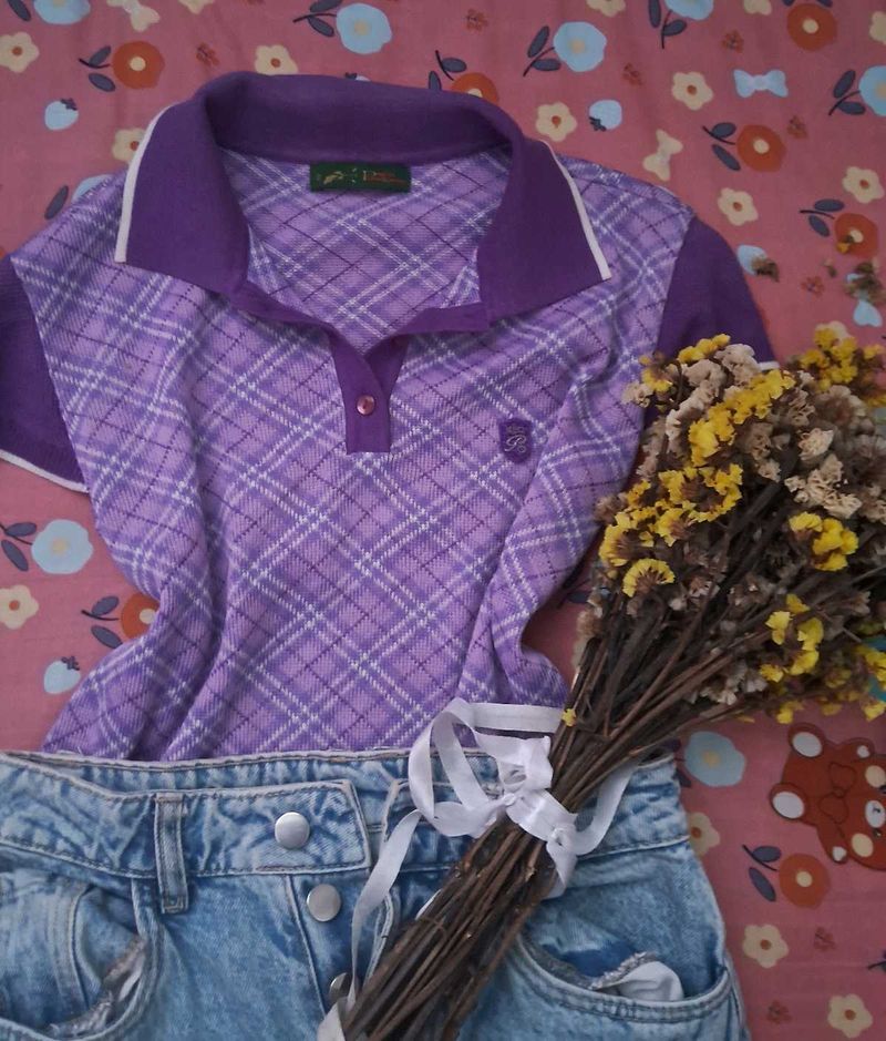 Purple Plaid Polo Top