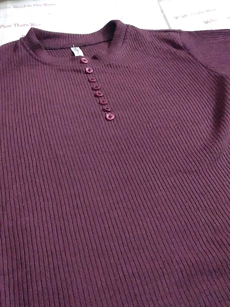 Burgundy Ribbed Button-Up Top