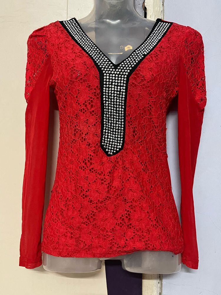 Yk2 Pinterest Red Lace Long Sleeve Top