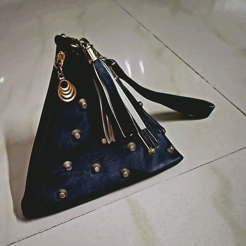 Black Leather Triangular Hand Purse With Gold Beads