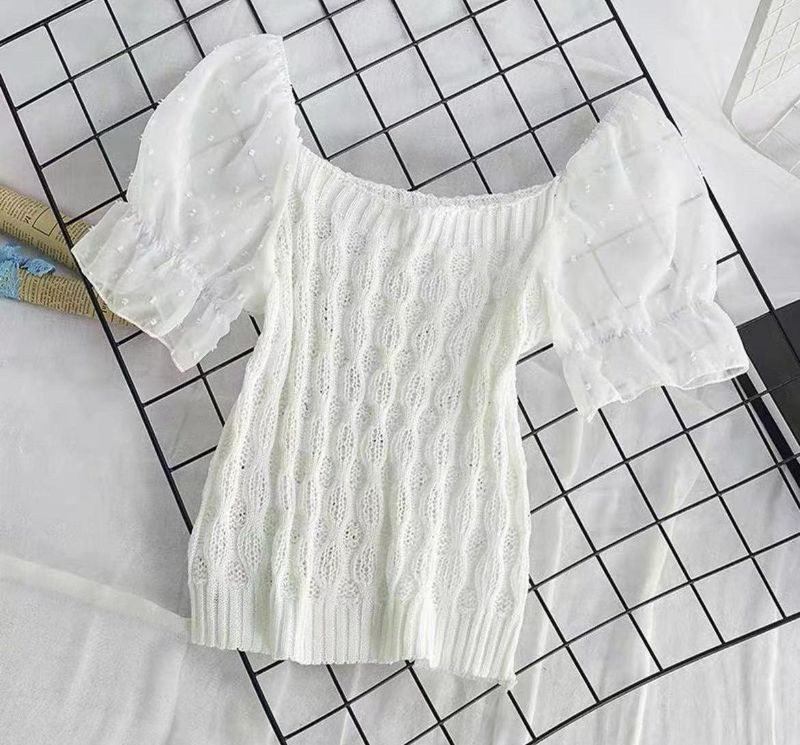 White Knit Top with Sheer Puff Sleeves