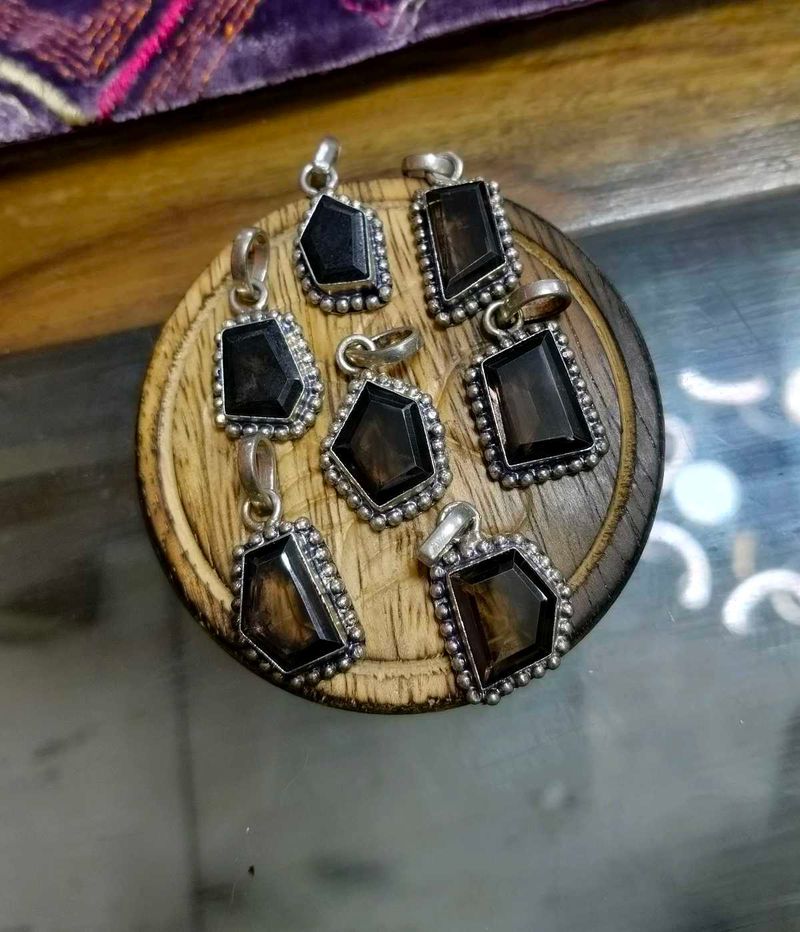 Smoky Quartz Stone Silver Toned Pendants