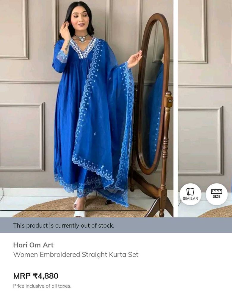 Blue v-neck embroidered Kurti Trouser Dupatta Set