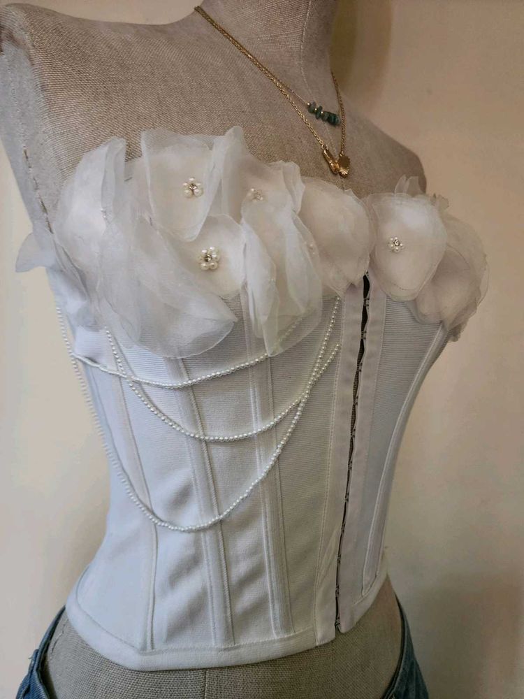 Pinterest Inspired Pearl Rhinestone White Corset