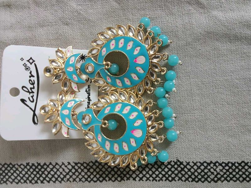 Teal &amp; Gold Kundan Earrings