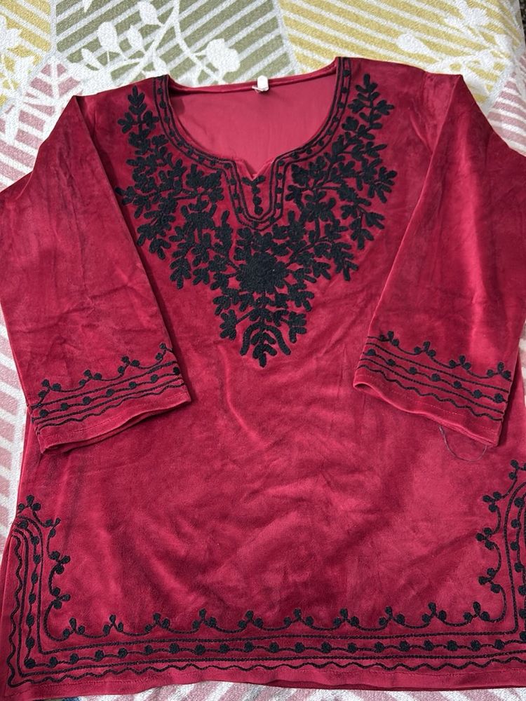 Embroidered Maroon Velvet Kurti
